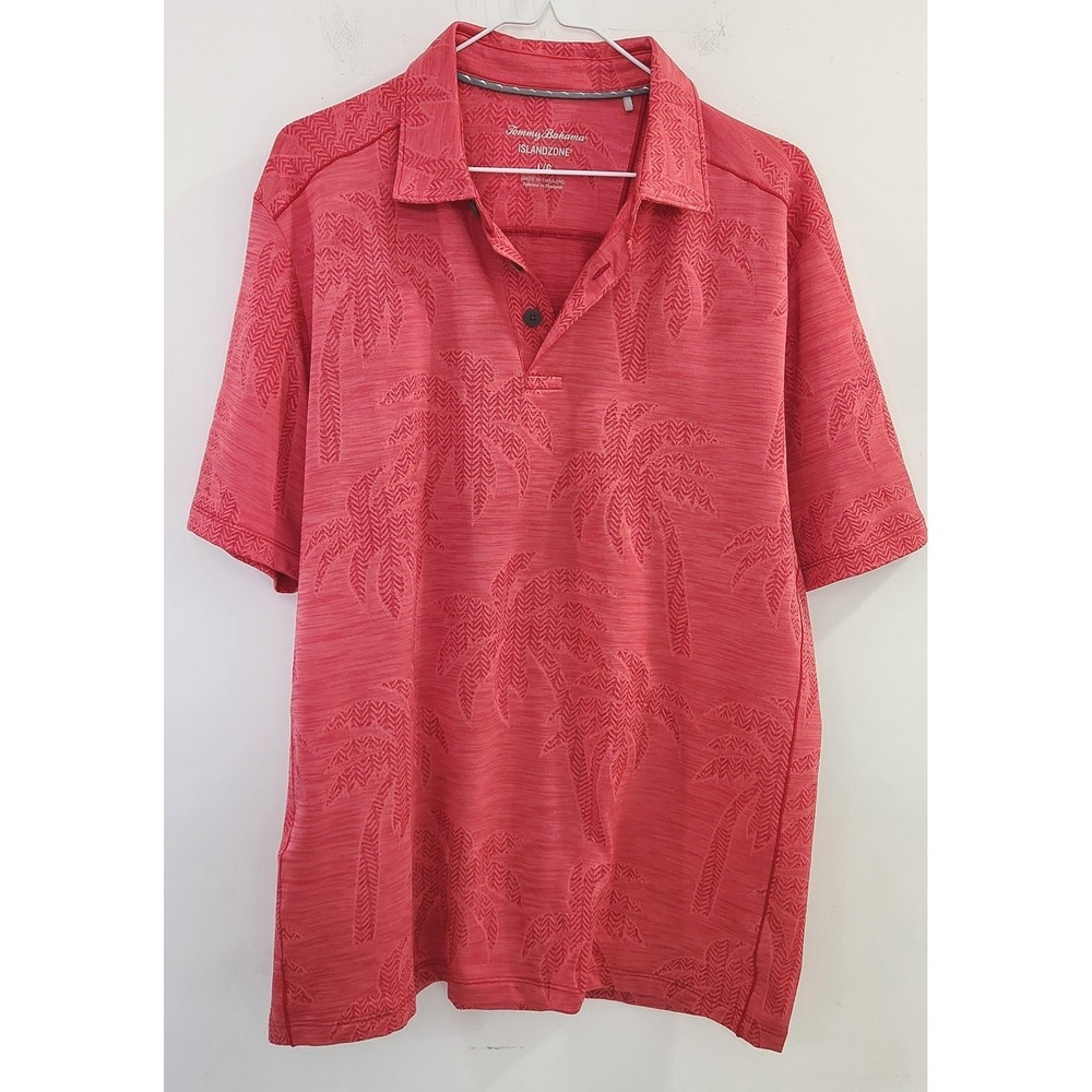 Tommy Bahama IslandZone Mens Large Coral Red‎ Palm Tree Jacquard Polo Shirt